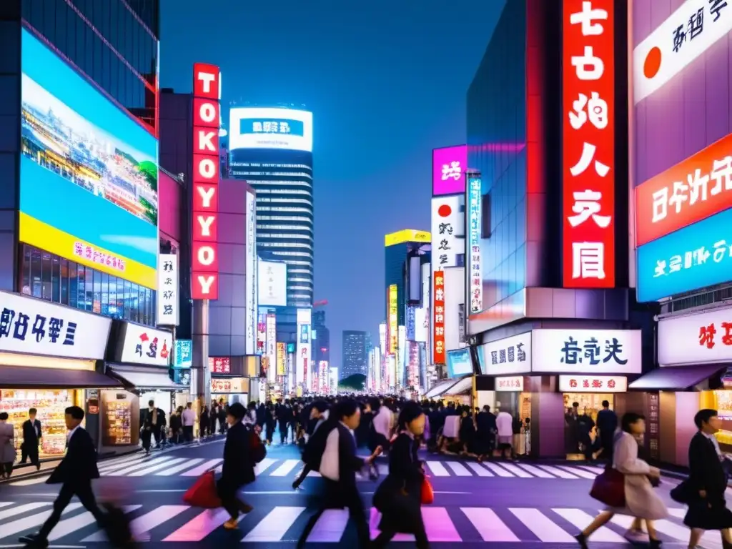 Vibrante calle nocturna de Tokio con neones y movimiento, reflejando el impacto de Murakami en narrativa