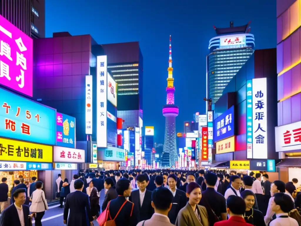 Vibrante calle nocturna de Tokio, con neones y gente vestida de forma tradicional y moderna