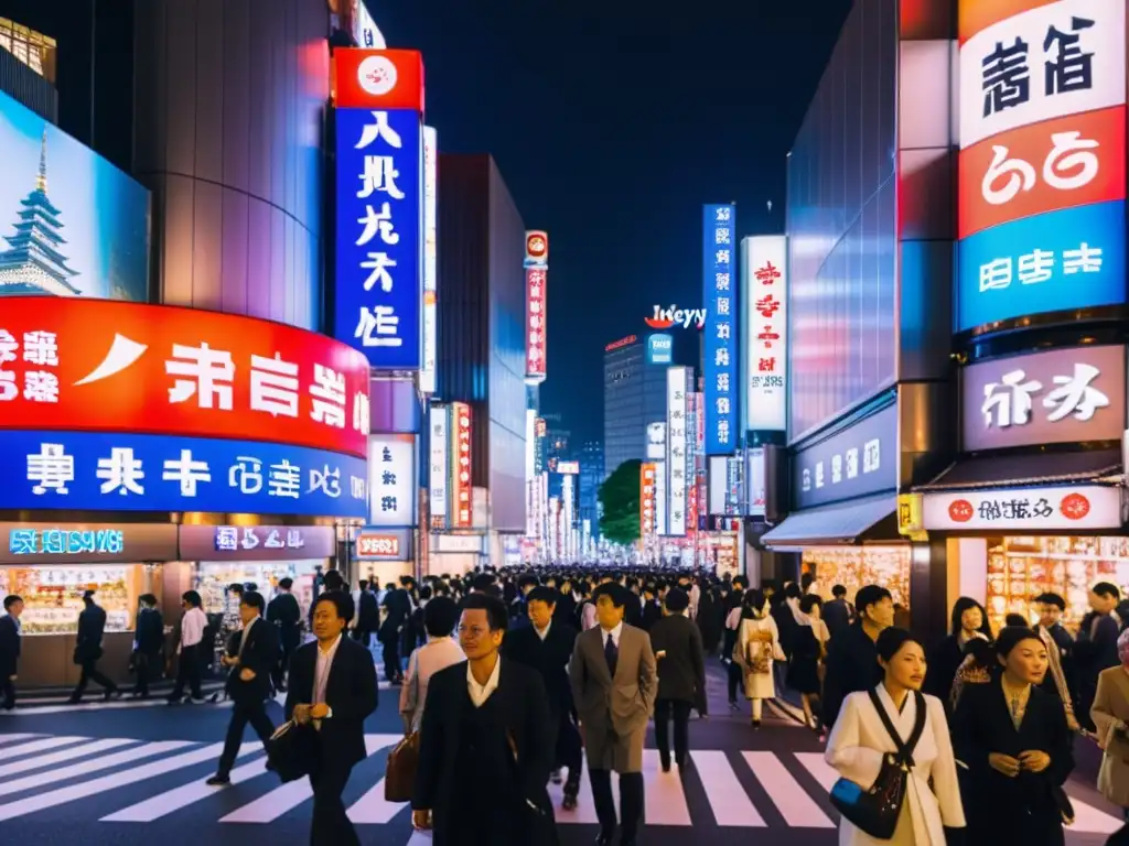 Vibrante calle nocturna en Shinjuku, Tokio, con neones y fusión cine asiático contemporáneo