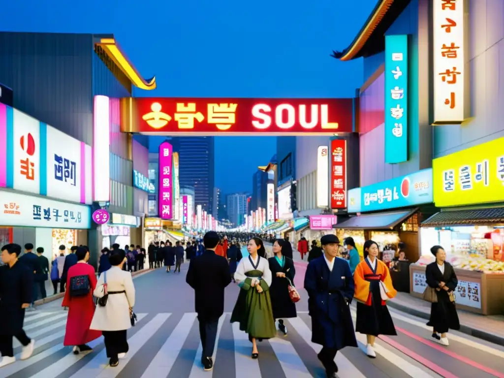 Vibrante calle nocturna en Seúl, Corea del Sur, con neones y gente