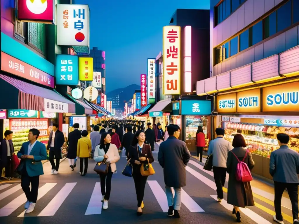 Vibrante calle nocturna en Seúl, Corea del Sur, con luces de neón