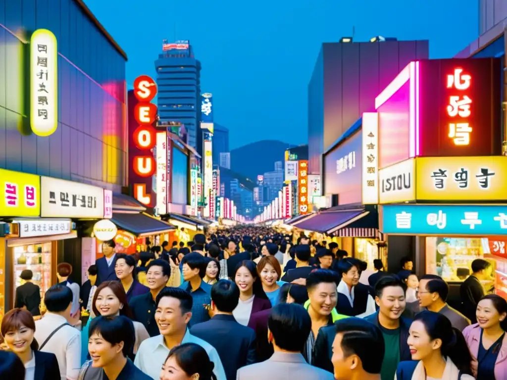 Vibrante calle nocturna en Seúl, Corea del Sur, reflejando el éxito de las series asiáticas con su energía multicultural y luces de neón