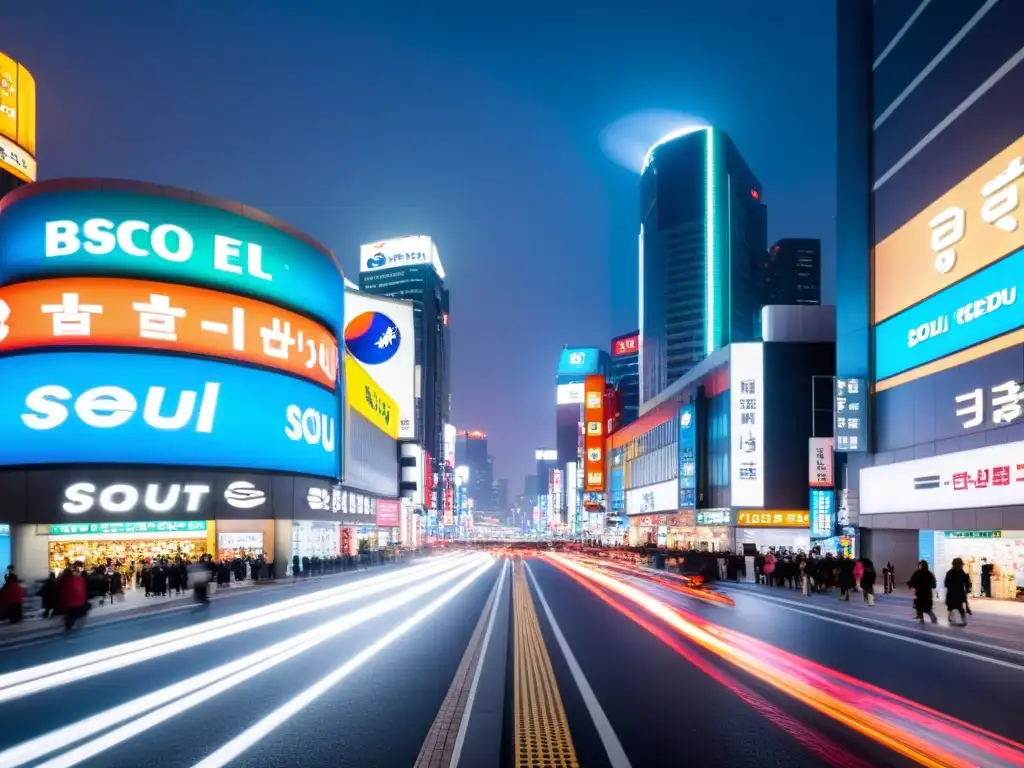 Vibrante calle nocturna en Seúl, Corea del Sur