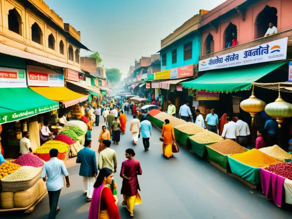 Vibrante calle de Nueva Delhi, India, con colores tradicionales, arquitectura local y gente en actividades diarias