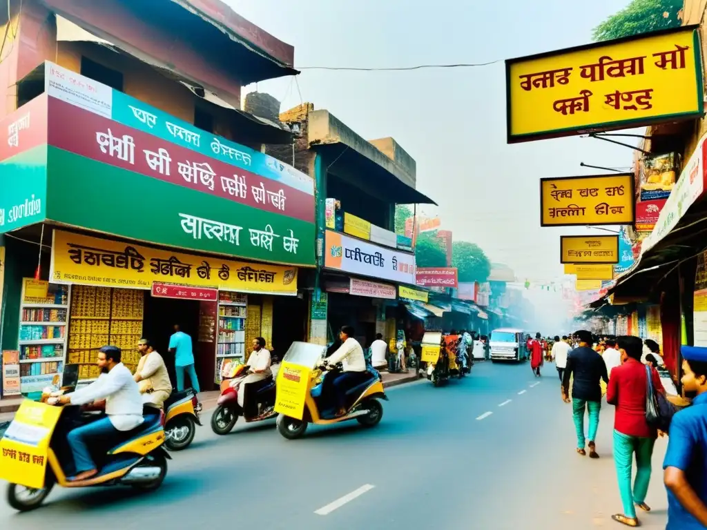 Vibrante calle de Nueva Delhi, India, llena de librerías y cafés literarios, donde se debate la literatura india entre modernidad y tradición