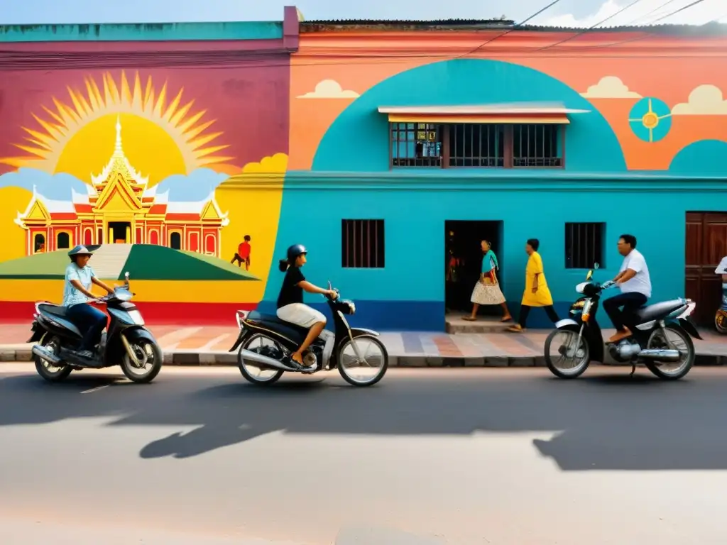 Vibrante calle de Phnom Penh con murales y arte urbano, reflejando el resurgimiento de la cultura en la ciudad