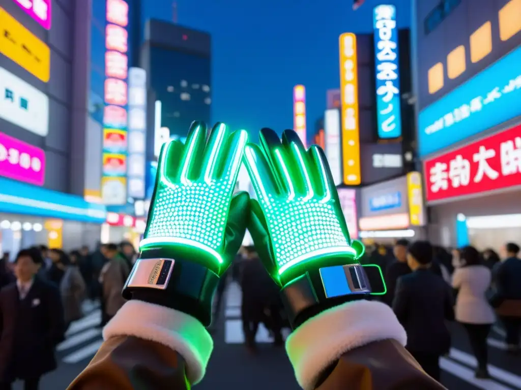 Vibrante calle de Tokio con personas usando guantes inteligentes tecnología japonesa, destacando su alta tecnología y diseño futurista