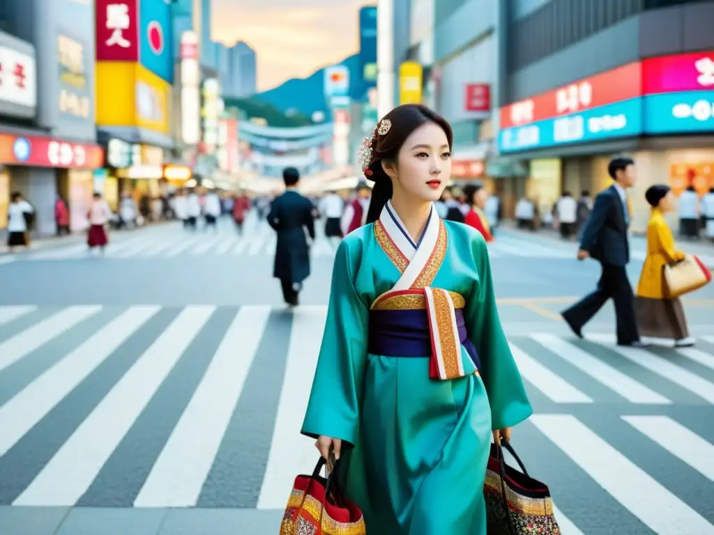 Hanbok en las calles de Seúl: tradición y modernidad Vibrante calle de Seúl con personas usando hanbok tradicional y moderno, reflejando la resurrección del Hanbok en moda en Corea del Sur