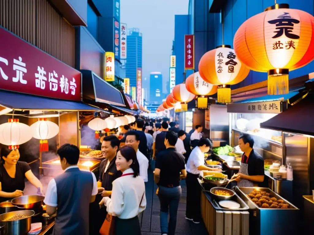 Vibrante calle de Tokio con puestos de comida, chefs preparando platos, luces de neón y multitudes disfrutando de gastronomía