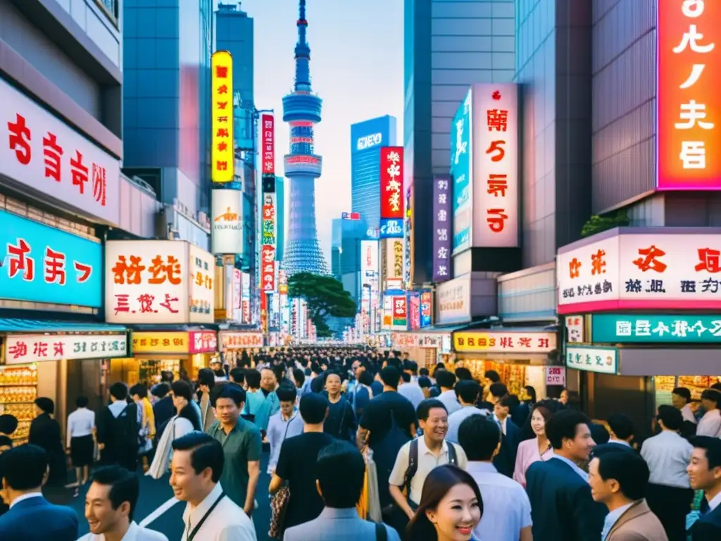 Vibrante calle de Tokio con rascacielos, letreros de neón y multitud, reflejando la energía y oportunidades de prácticas profesionales en Asia