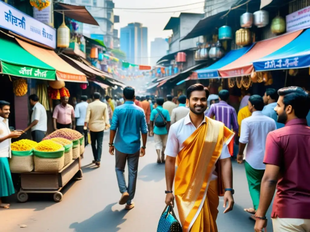 Vibrante calle en Mumbai con ropa tradicional, mercado bullicioso y transacciones de criptomonedas, fusionando cultura tradicional y tecnología blockchain en el futuro de la cultura financiera asiática