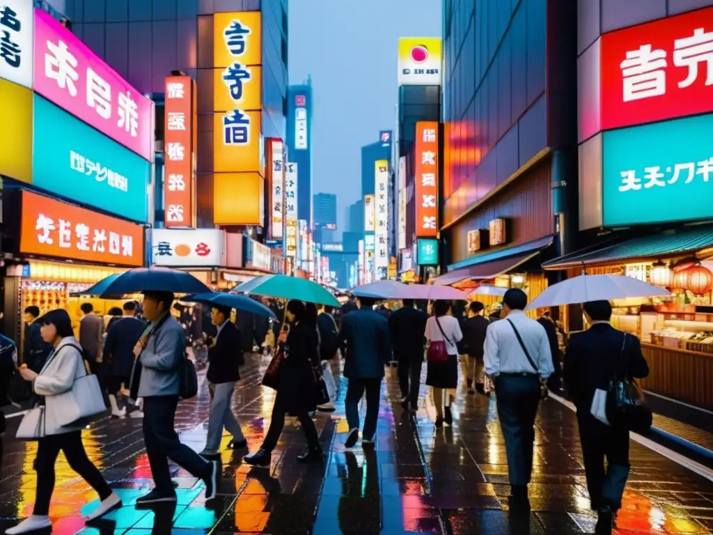 Vibrante calle de Shinjuku en Tokio, con neón, multitud y bares tradicionales bajo la lluvia, reflejando luces en el pavimento