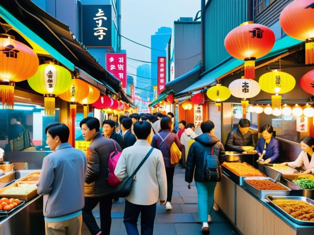 Vibrante calle de Seúl, Corea del Sur, con bullicio de gente, luces de neón y puestos de comida