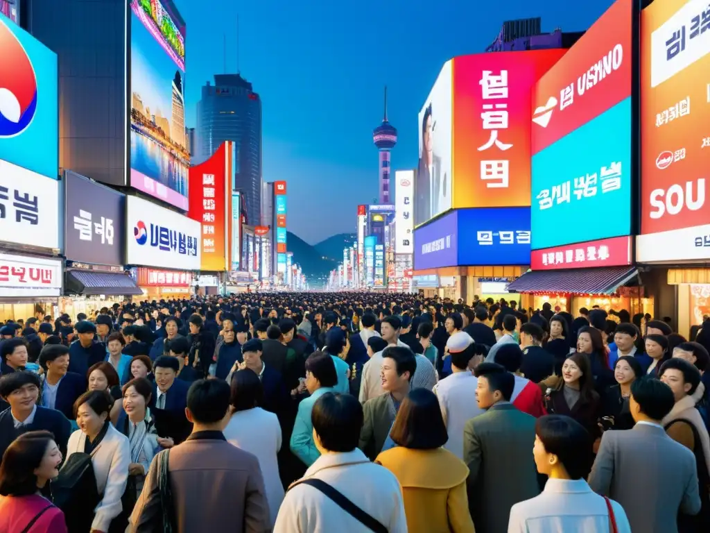 Vibrante calle en Seúl, Corea del Sur, muestra el éxito de las series asiáticas con vistosos anuncios y multitudes entusiastas