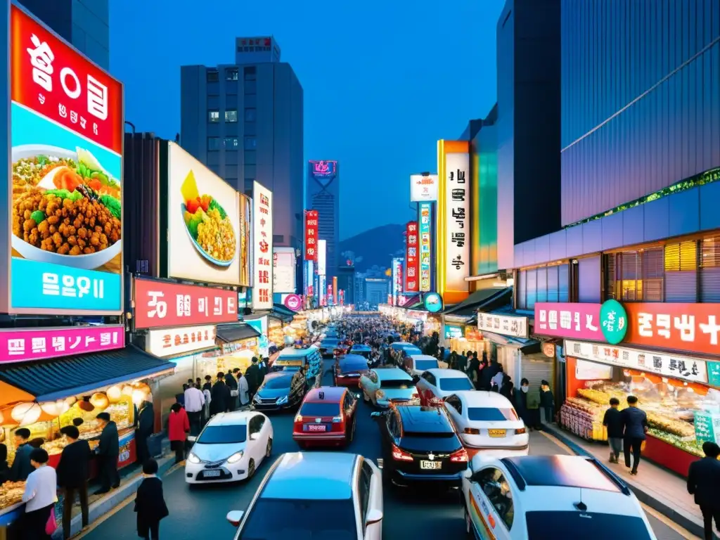 'Vibrante calle de Seúl, Corea del Sur, con letreros de neón, puestos de comida y multitudes