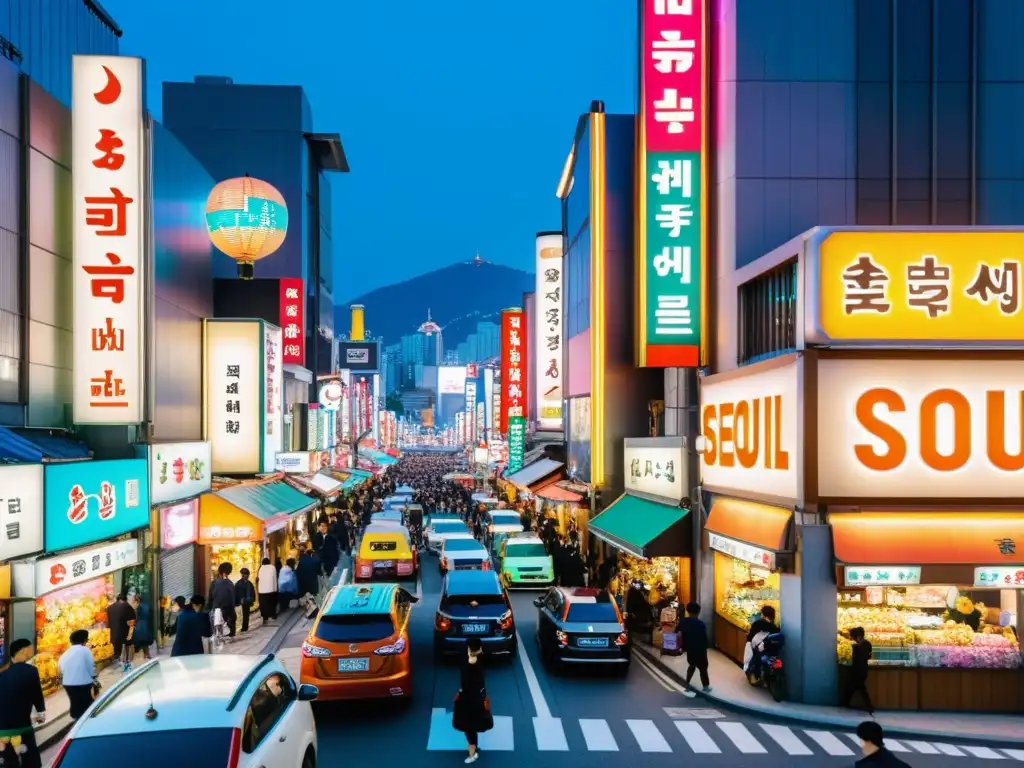 Vibrante calle de Seúl, Corea del Sur, con letreros de neón, vendedores y multitudes, reflejando el éxito de las series asiáticas