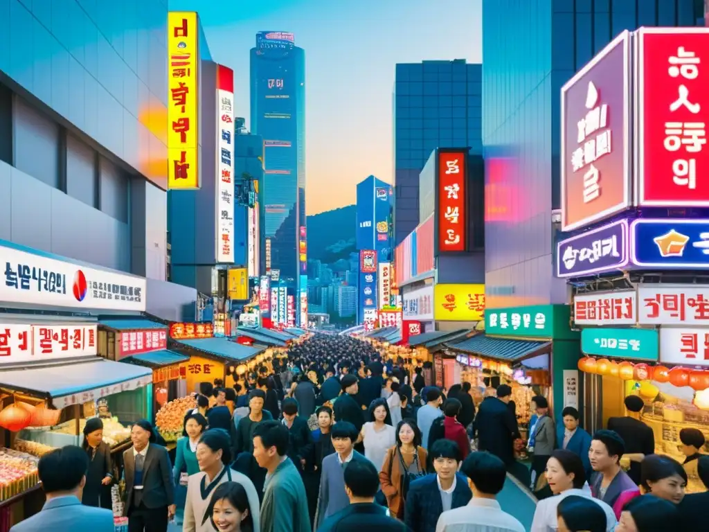 Una vibrante calle de Seúl, Corea del Sur, llena de luz de neón, vendedores callejeros y multitudes, capturando la energía urbana