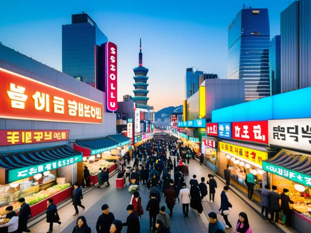 Vibrante calle de Seúl, Corea del Sur, con luces de neón y multitud de personas