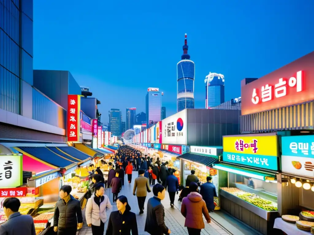 Vibrante calle de Seúl, Corea del Sur, con luces de neón y puestos de comida