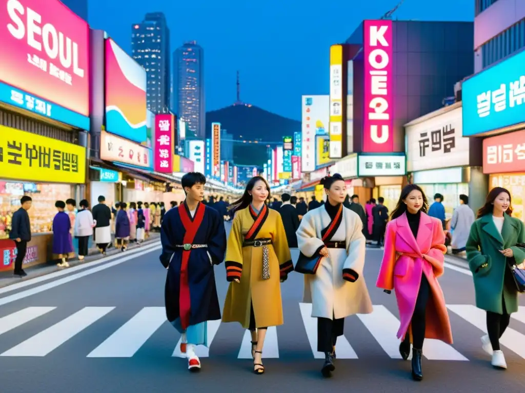 Vibrante calle de Seúl, Corea del Sur, con moda tradicional y moderna, reflejando la influencia de series asiáticas en moda