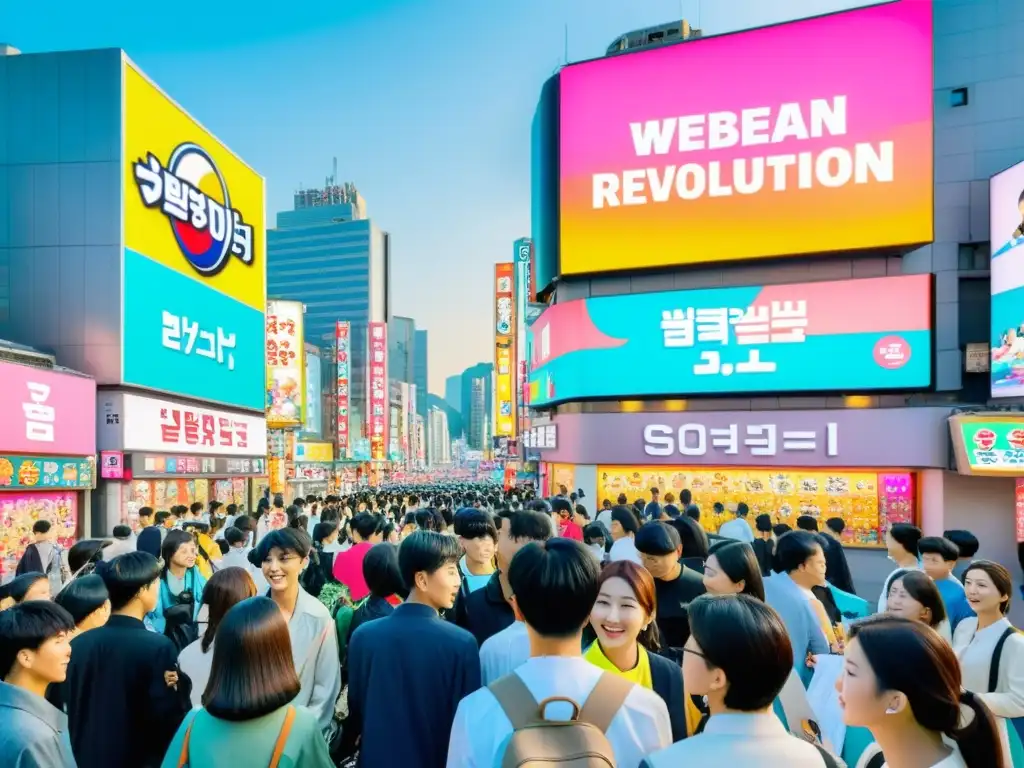 Vibrante calle de Seúl, Corea del Sur, con murales coloridos y jóvenes en smartphones