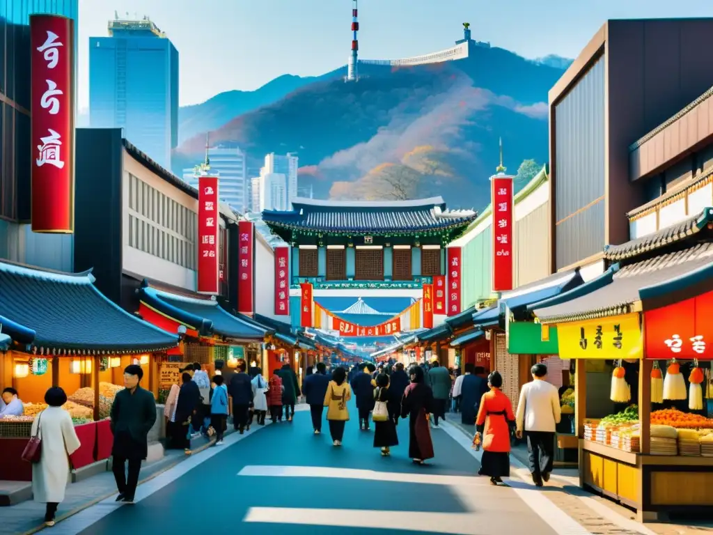 Vibrante calle de Seúl, Corea del Sur, con hanoks tradicionales y modernos rascacielos