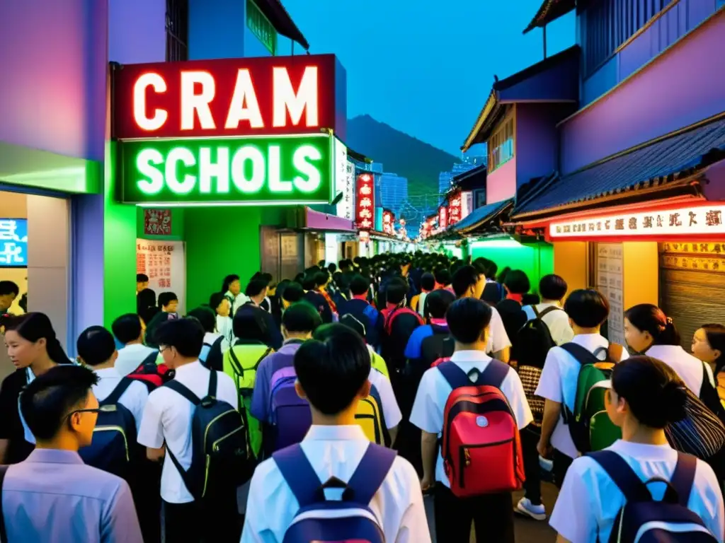 Vibrante calle de Taiwán con escuelas de refuerzo iluminadas por luces de neón, estudiantes entrando y saliendo al anochecer