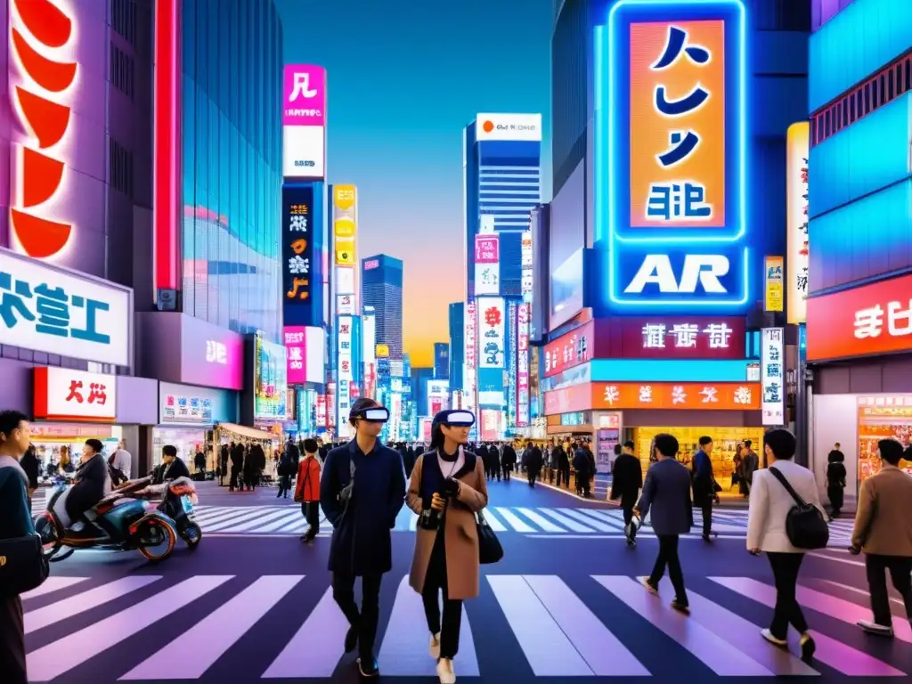 Vibrante calle de Tokyo con tecnología y cultura, fusionando realidades digitales