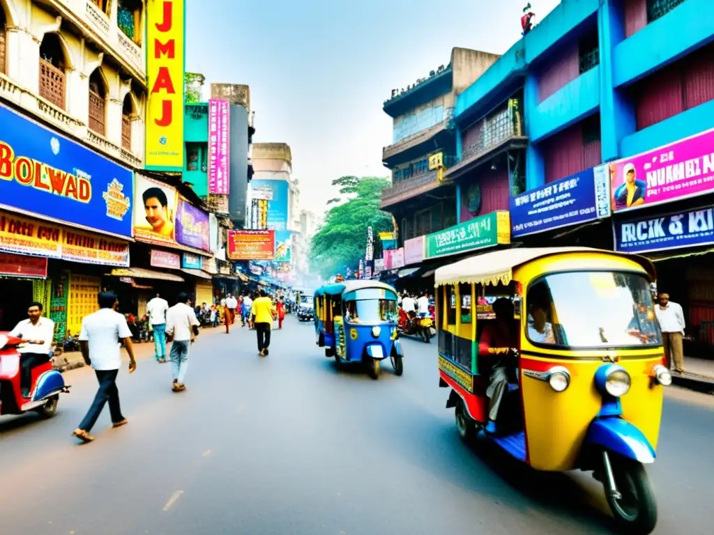 Vibrante calle de Mumbai: Bollywood, color y música Vibrante calle de Mumbai con tiendas coloridas, música tradicional y pósters de películas de Bollywood