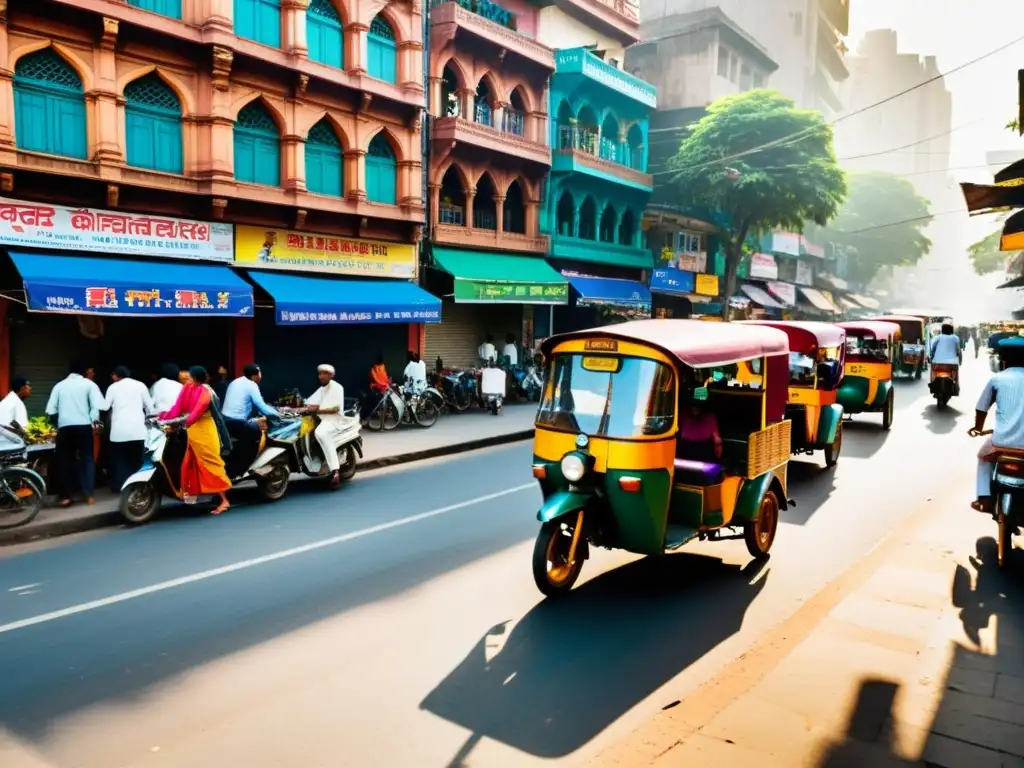 Vibrante calle de Mumbai, India, con tiendas coloridas, arquitectura detallada y gente