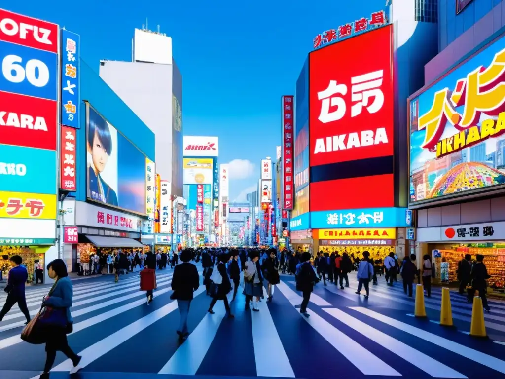 Vibrante calle de Akihabara, Tokio, con tiendas y vistosos carteles de anime