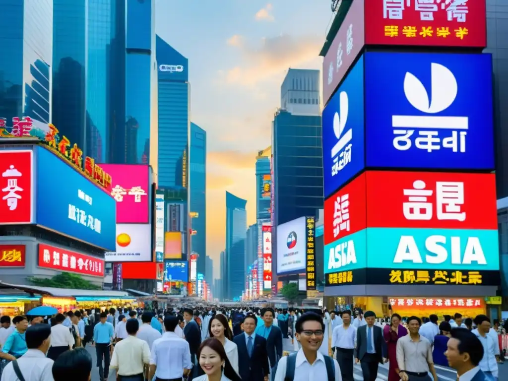 Vibrante escena urbana: Negocios en Asia Vibrante calle urbana en Asia, llena de rascacielos y gente de negocios, reflejando el dinamismo del entorno empresarial