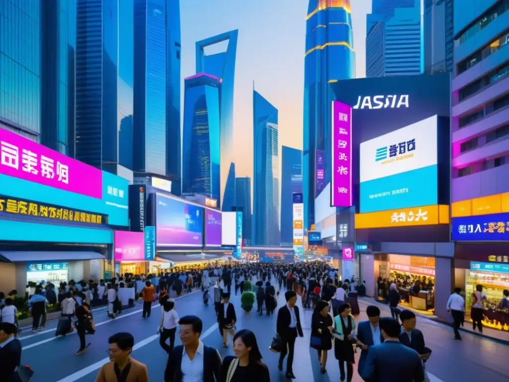 Vibrante calle urbana de Asia, con rascacielos futuristas y luces de neón, reflejando la revolución Fintech en Asia