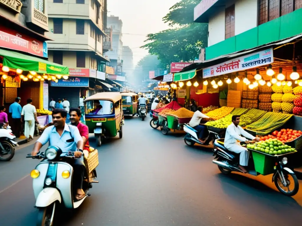 Vibrante calle de Mumbai al amanecer, con rickshaws, vendedores y un cartel de cine indio