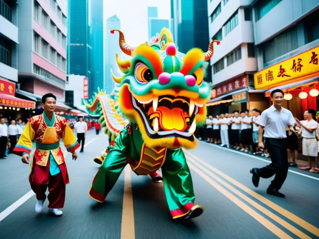 Un vibrante renacer del dragón en las calles de Hong Kong, fusionando modernidad y tradición con su danza ancestral entre rascacielos y luces de neón