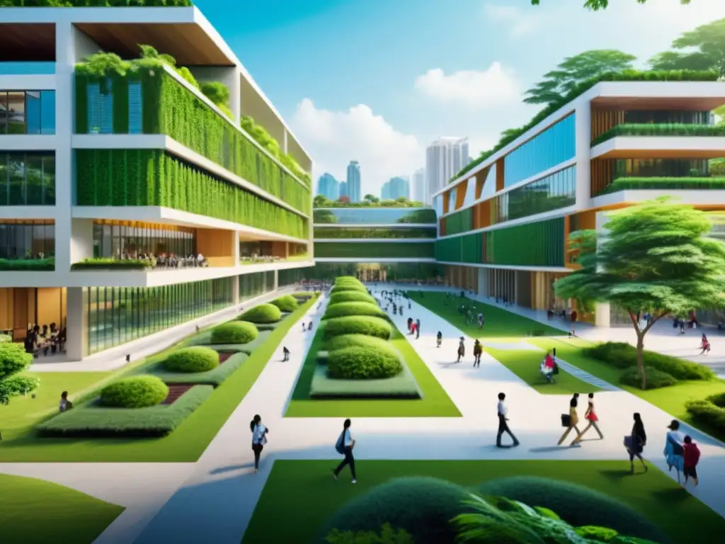 Vibrante campus universitario en Asia, estudiantes entre edificios modernos y exuberante vegetación