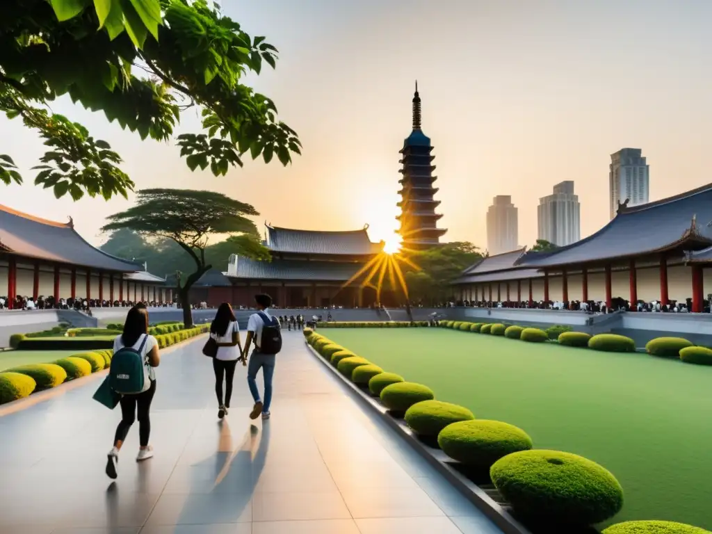 Vibrante campus universitario en Asia, con estudiantes entre edificios modernos y vegetación exuberante al atardecer