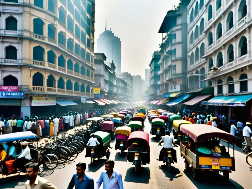 Vibrante caos de una concurrida calle en Mumbai, India, con rickshaws, bicicletas y transeúntes en movimiento