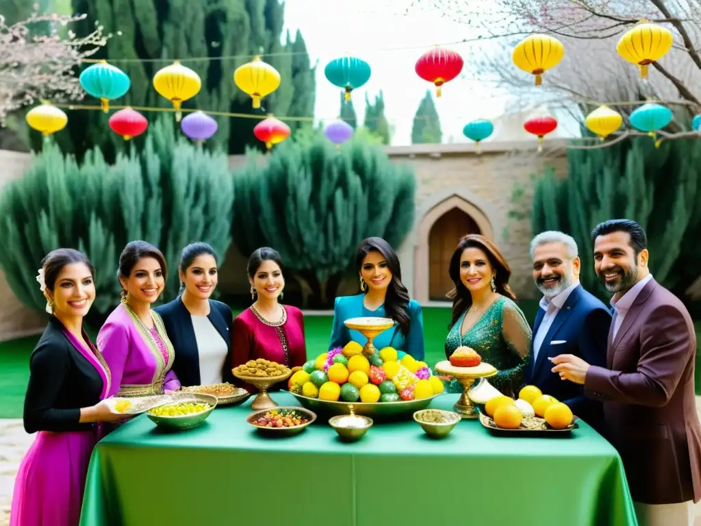 Vibrante celebración de Año Nuevo Persa tradición Nowruz en un patio tradicional, con decoraciones coloridas y mesa HaftSeen