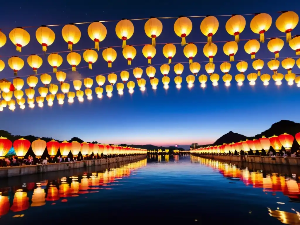 Vibrante celebración del festival de linternas en Taiwan, con diseños intrincados y colores brillantes colgando en el cielo nocturno