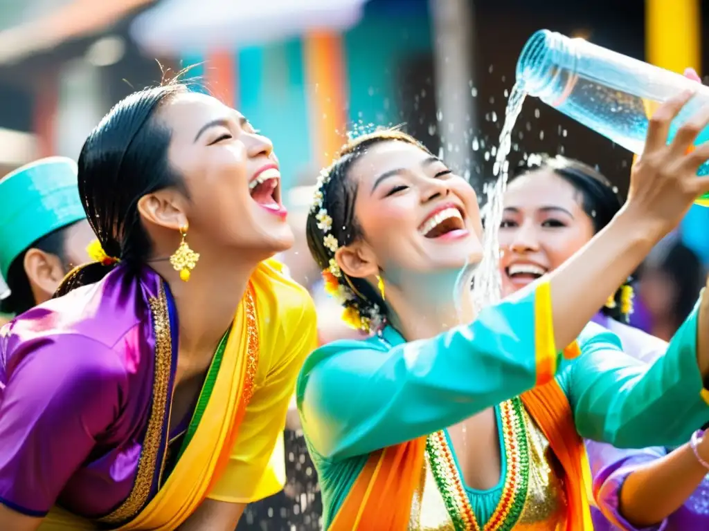 Fiesta acuática tailandesa: alegría y tradición en Songkran Vibrante celebración del festival Songkran con personas felices lanzando agua, significado y tradición de Songkran