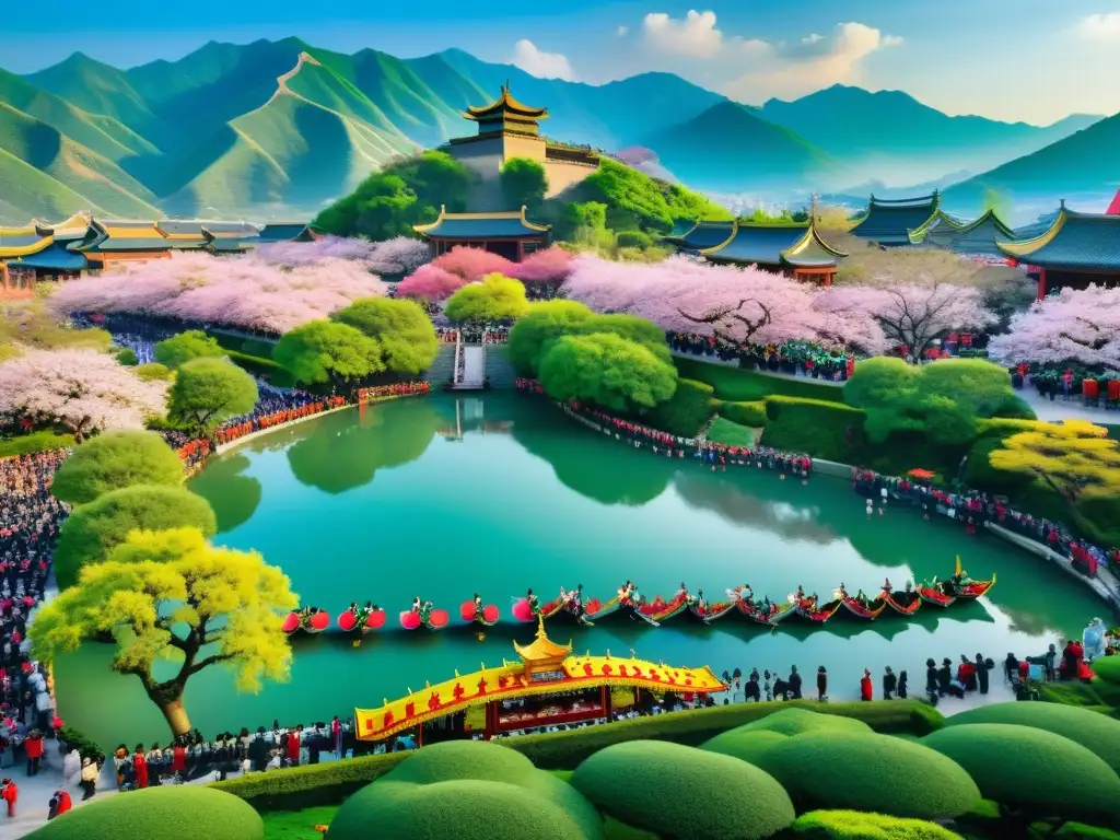 Vibrante celebración de la Fiesta de la Primavera Qingming en la naturaleza, con desfile y paisaje exuberante de cerezos en flor y montañas distantes