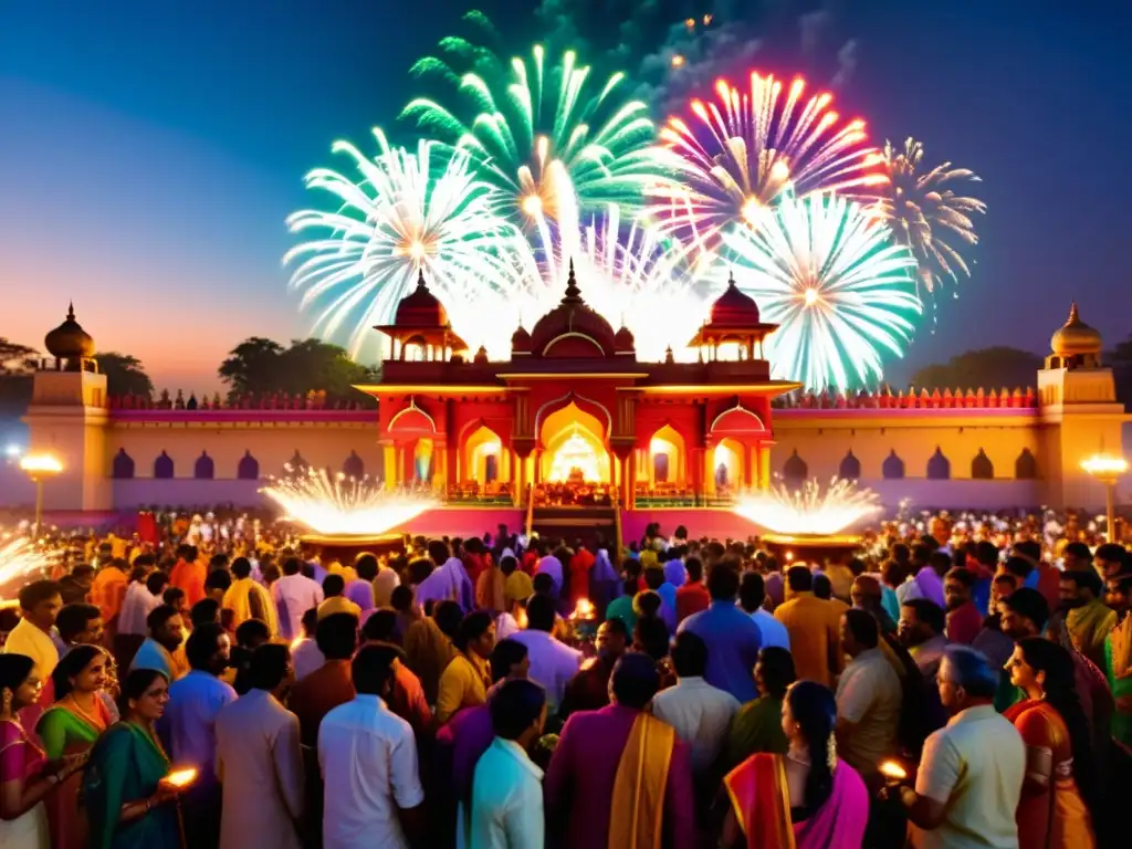 La vibrante celebración de Diwali iluminada por lámparas y fuegos artificiales, reflejando el significado espiritual de Diwali