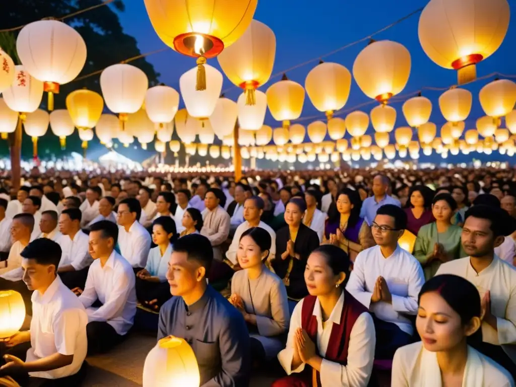 La vibrante celebración de Vesak con personas en atuendos tradicionales, iluminada por linternas y velas