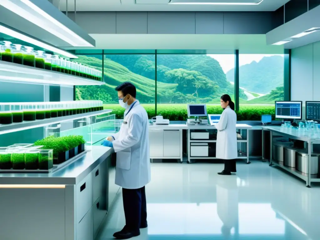 Vibrante centro de investigación de biotecnología en Asia, con científicos en batas blancas y equipos de última generación en laboratorios futuristas, iluminados por luz natural y rodeados de vegetación exuberante