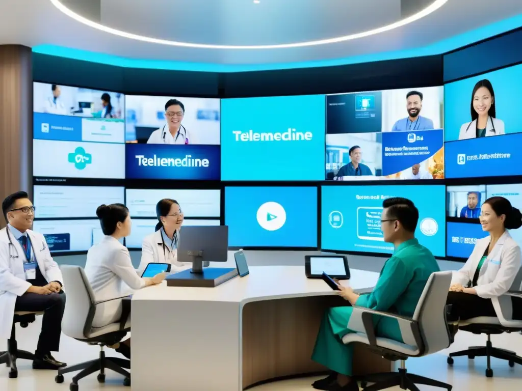 Un vibrante centro de telemedicina en una moderna ciudad asiática, donde profesionales de la salud colaboran en plataformas digitales