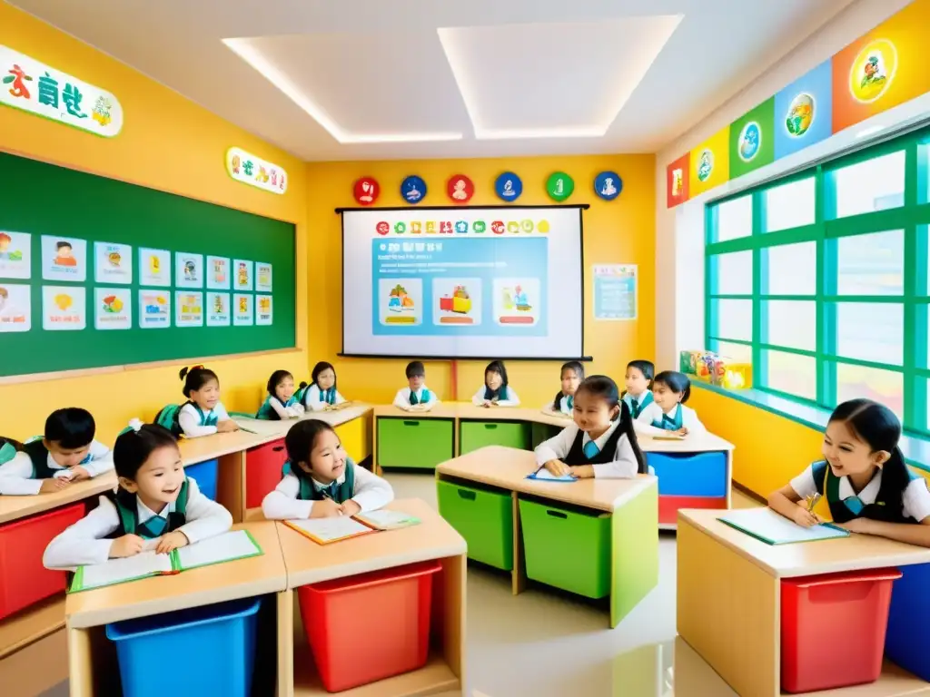 Vibrante centro de educación temprana en Asia, con niños participando en actividades educativas bajo la guía de dedicados maestros, rodeados de coloridos materiales de aprendizaje