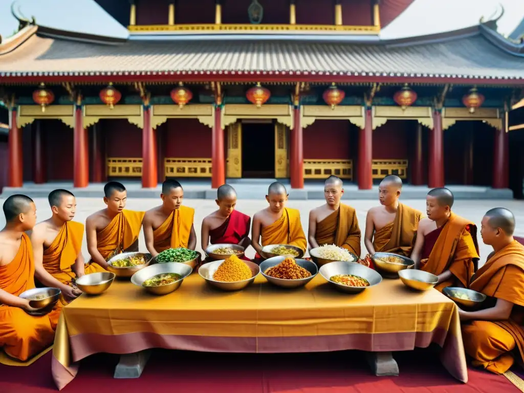 Vibrante ceremonia religiosa en un templo budista asiático con gastronomía en templos asiáticos