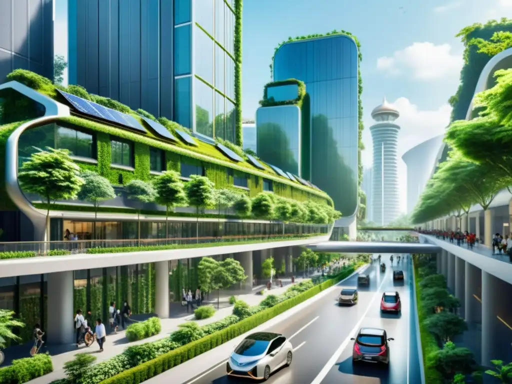 Vibrante ciudad asiática con arquitectura futurista y sostenible, integrando naturaleza