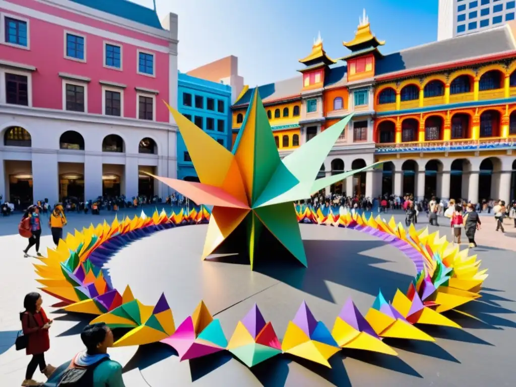 Plaza pública vibrante en ciudad asiática, con arte contemporáneo y diversidad cultural en escultura de grullas de papel